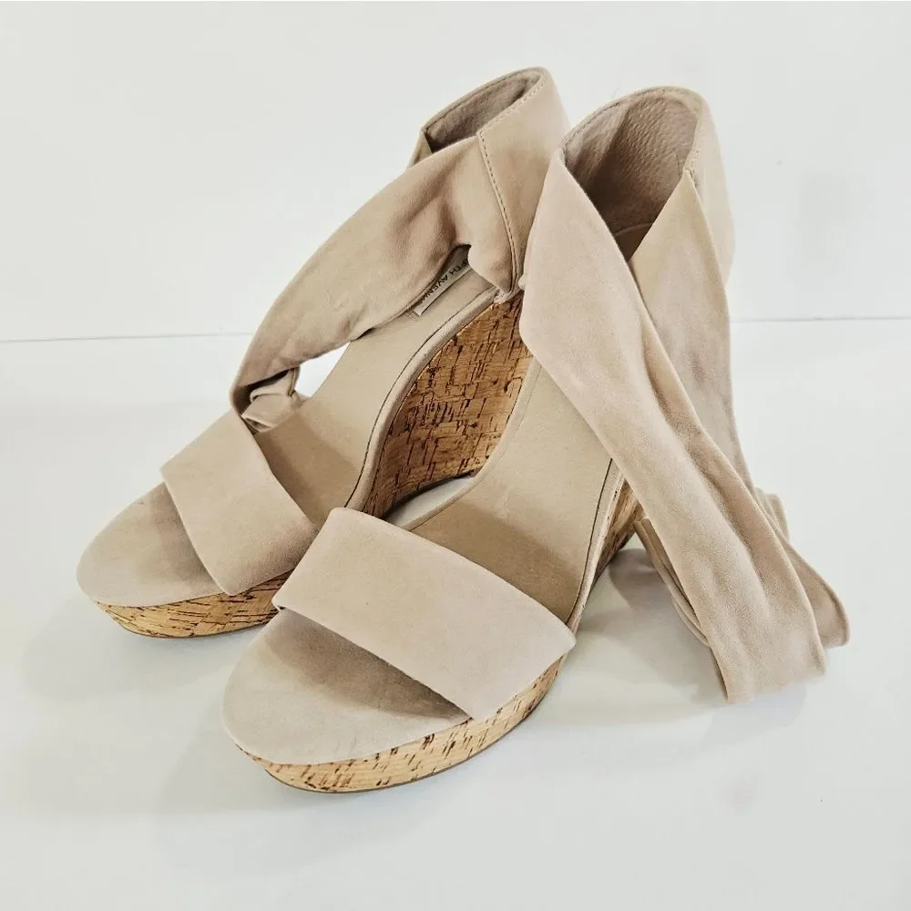 Saks Fifth Avenue Mckenna Cork & Suede Leather Wrap Platform Wedge Sandals 8.5